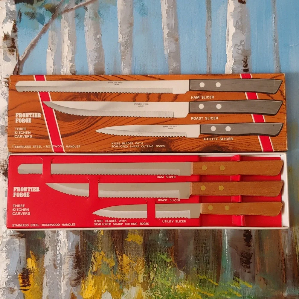 Vtg Japan Made Carving Knife Set, Rose Wood Handle